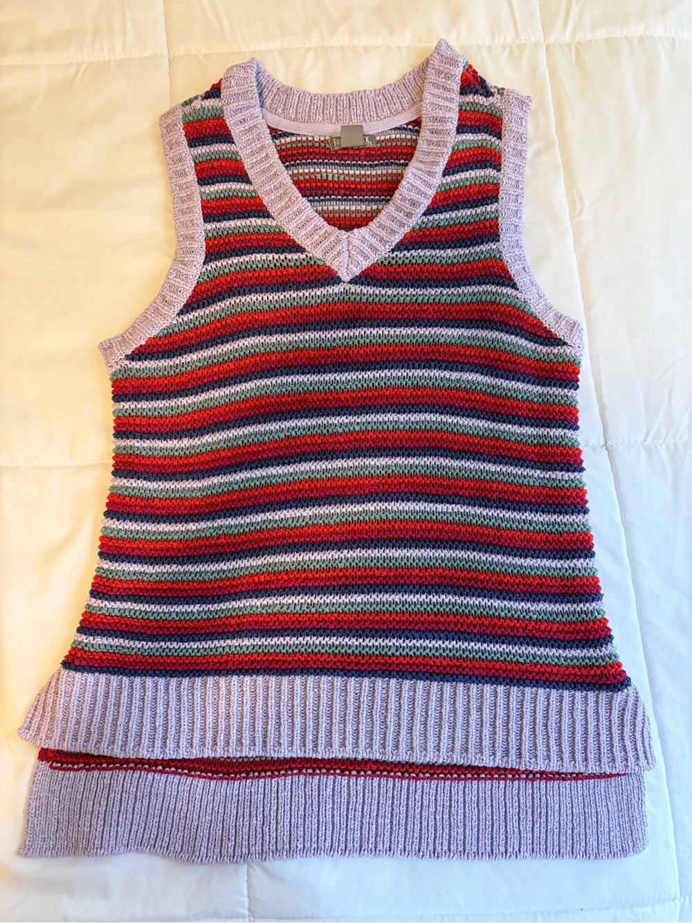 Striped V-Neck Sweater Vest in Lavender, Red, Green and Blue